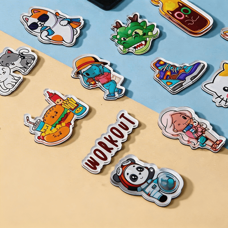 Collection of colourful character-shaped acrylic fridge magnets