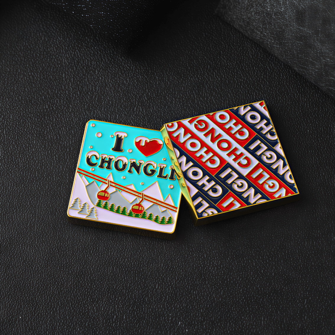 Pair of square Chongli-themed enamel fridge magnets