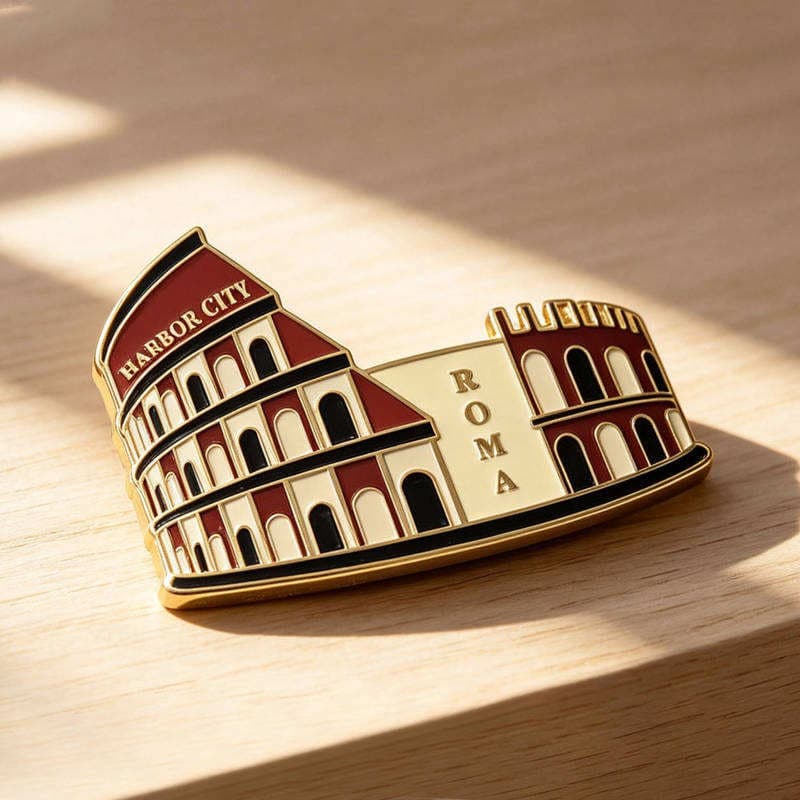 Custom Colosseum enamel fridge magnet in warm sunlight