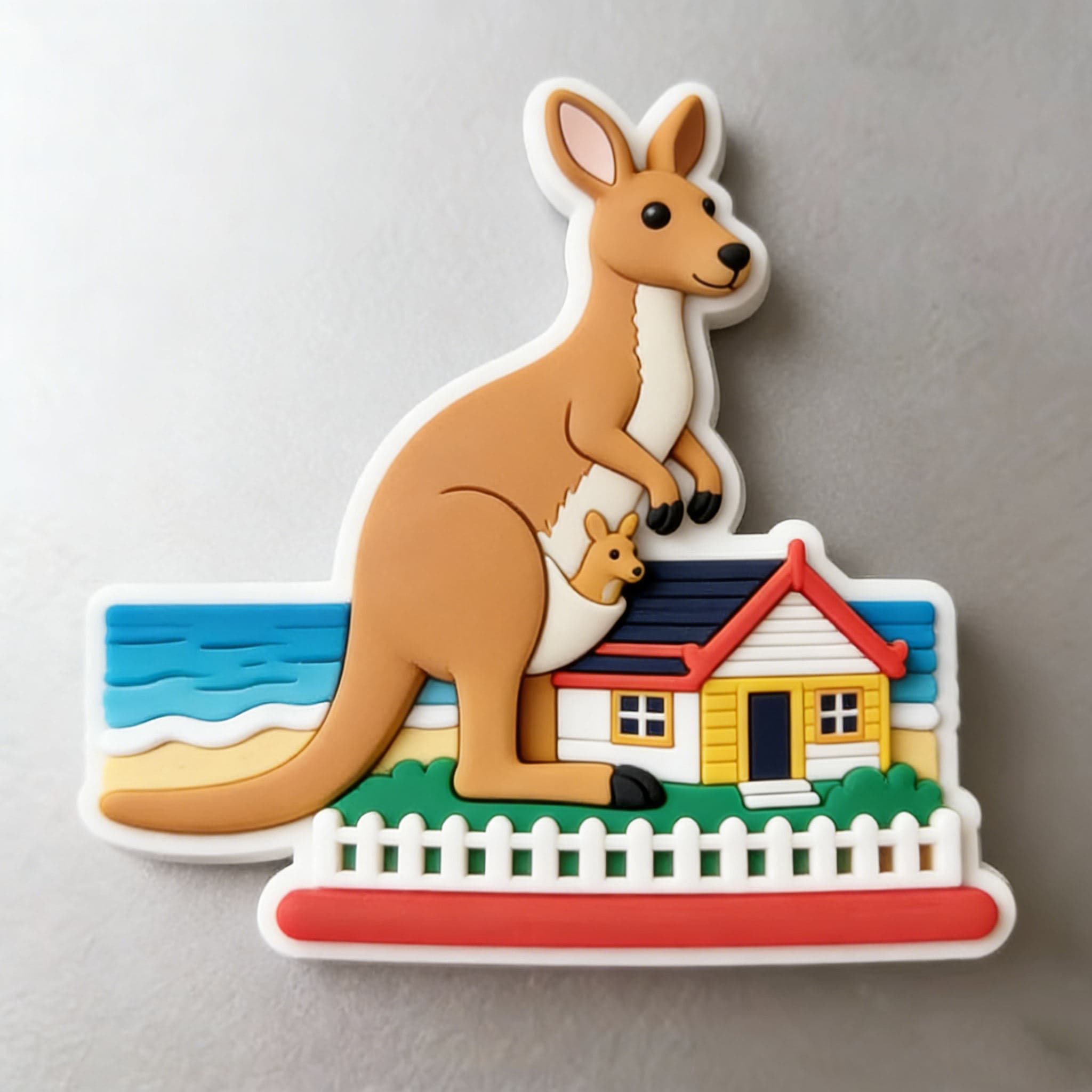 Custom PVC fridge magnet shaped around a kangaroo, beach and house scene