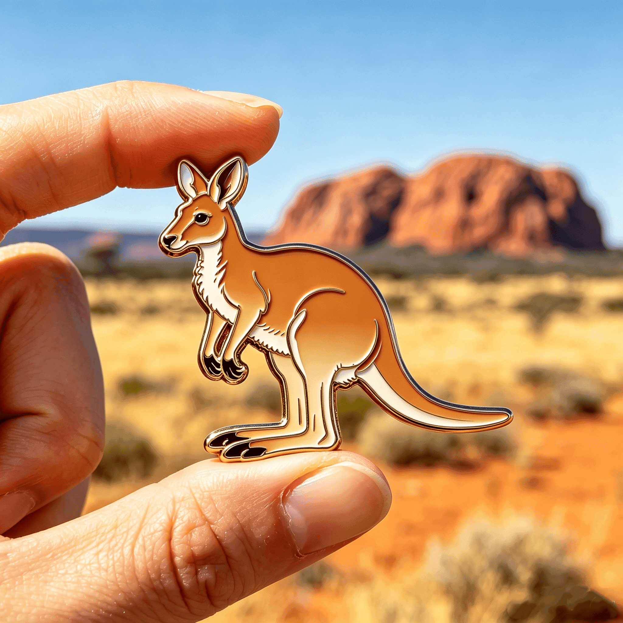 Custom kangaroo-shaped enamel fridge magnet shown against an Australian landscape