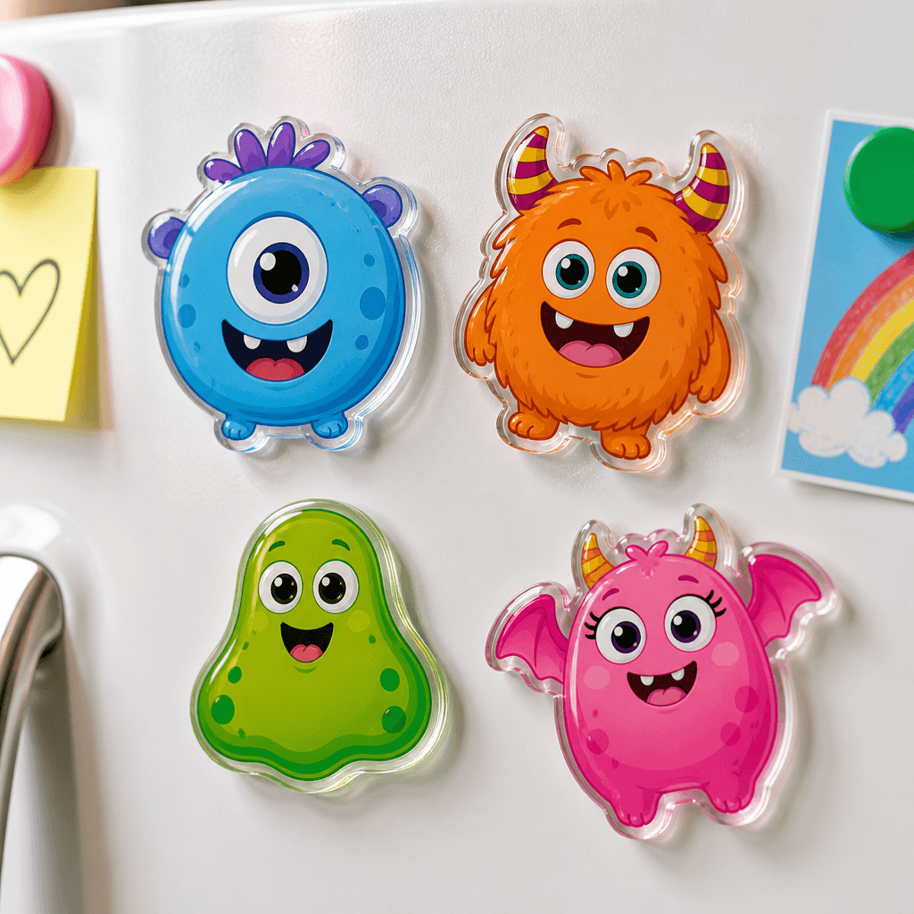 Collection of colourful monster-shaped acrylic fridge magnets