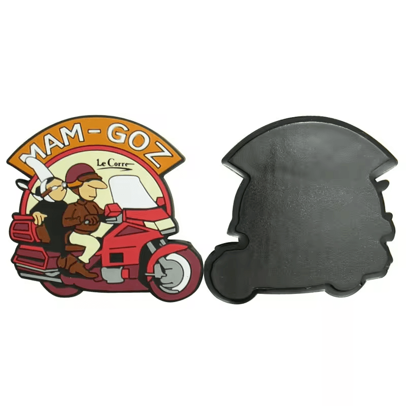 Custom motorbike PVC fridge magnet shown from the front and back