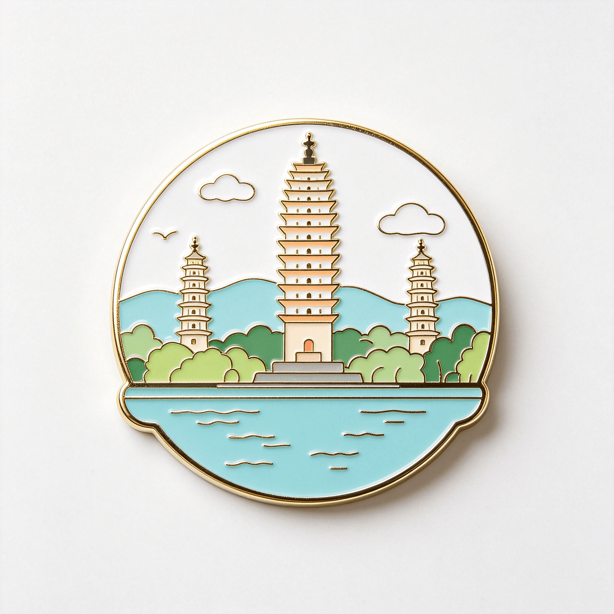Round pagoda and lake enamel fridge magnet