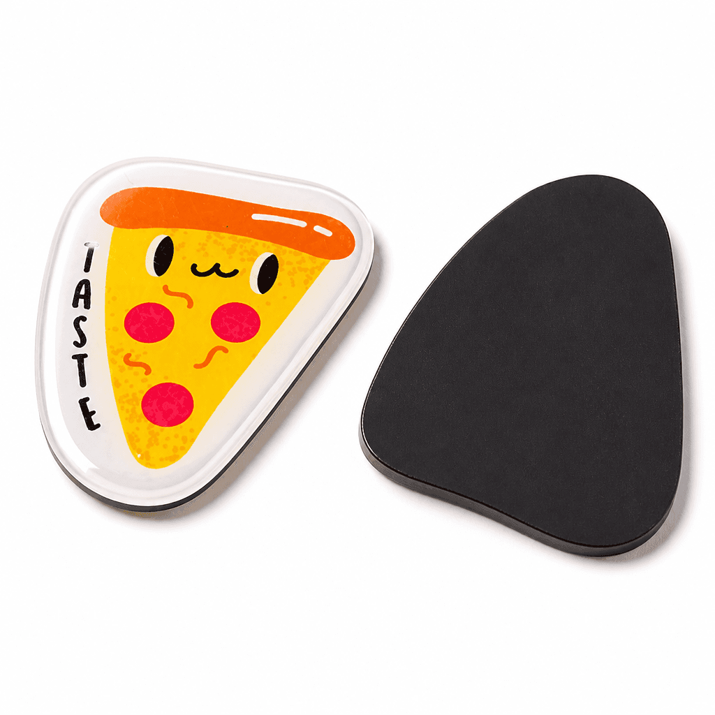 Custom pizza-shaped acrylic fridge magnet shown from the front and back