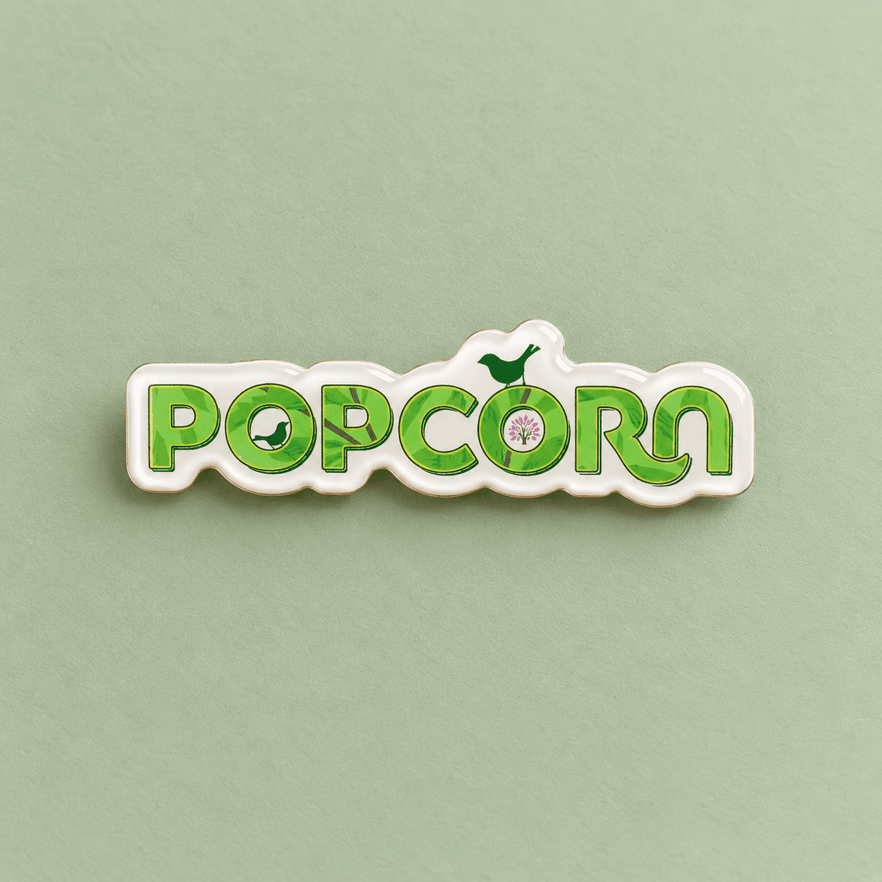 Green POPCORN printed badge
