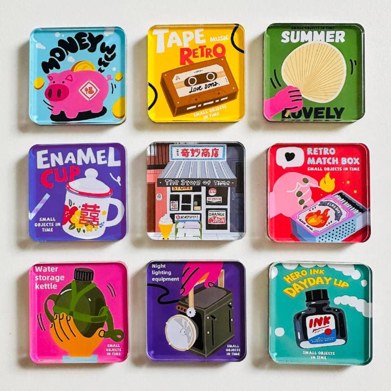 Collection of colourful square custom acrylic fridge magnets