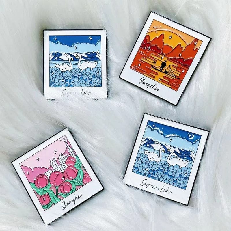 Square enamel fridge magnets with colourful illustrated artwork