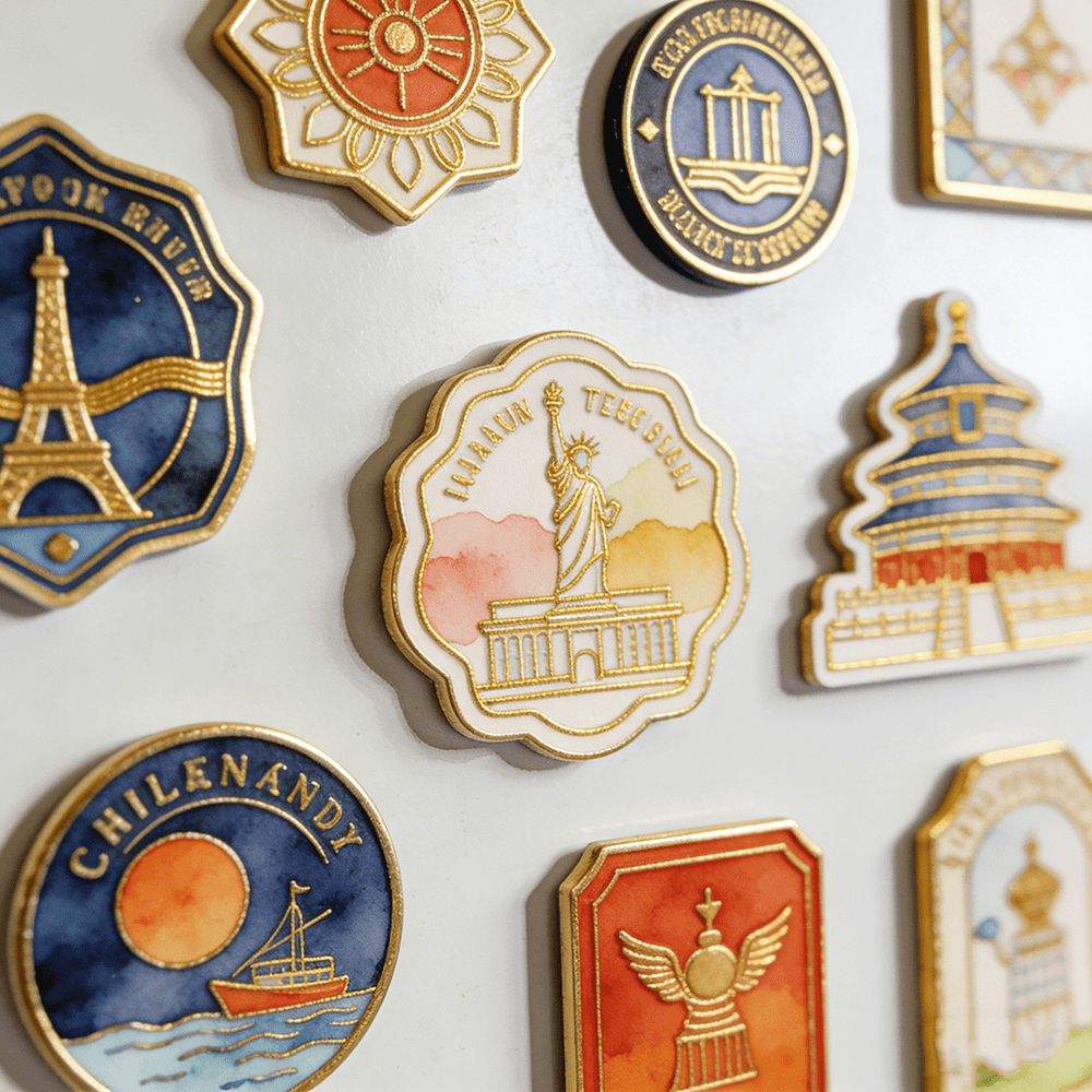 Collection of travel landmark enamel fridge magnets with gold outlines