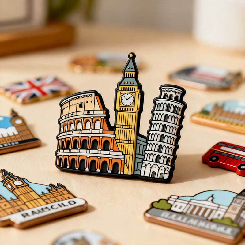 World cities enamel fridge magnet featuring Rome, London and Pisa