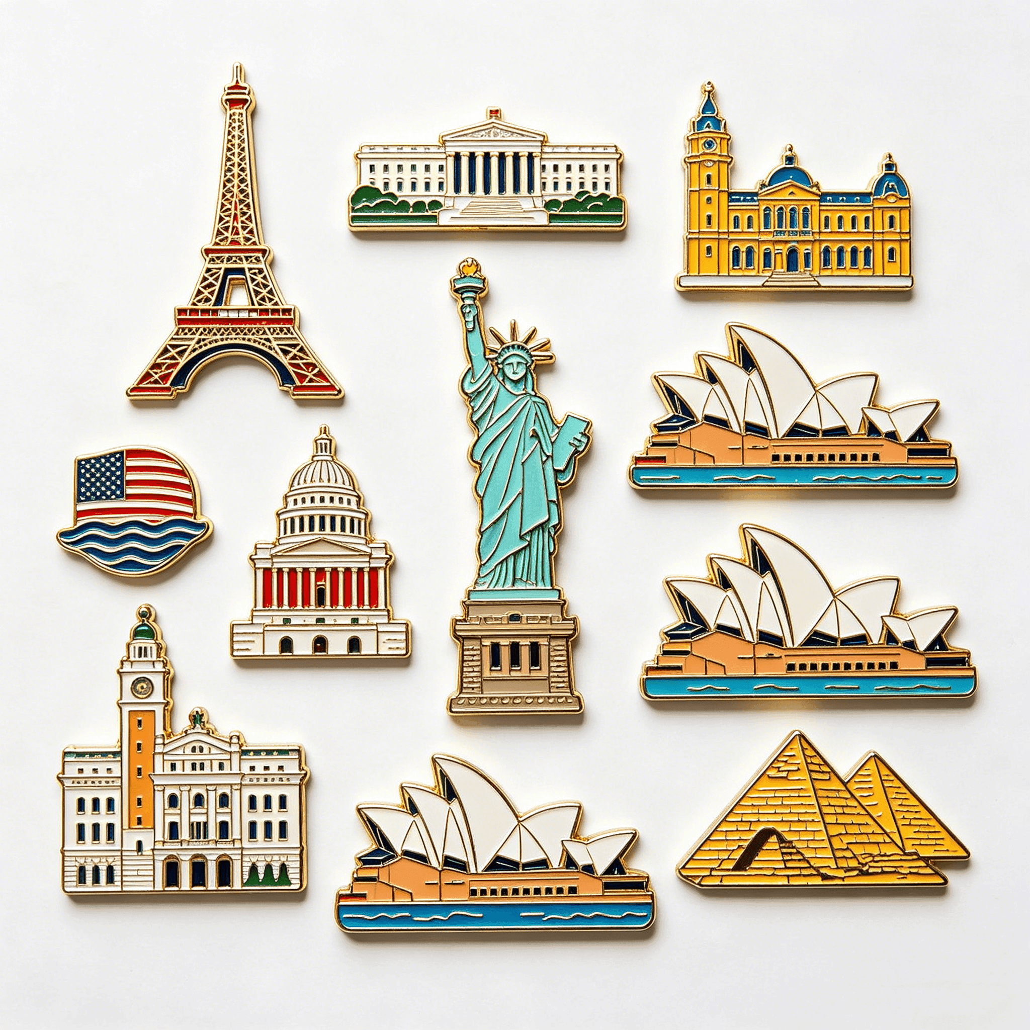 Collection of enamel fridge magnets featuring world landmarks