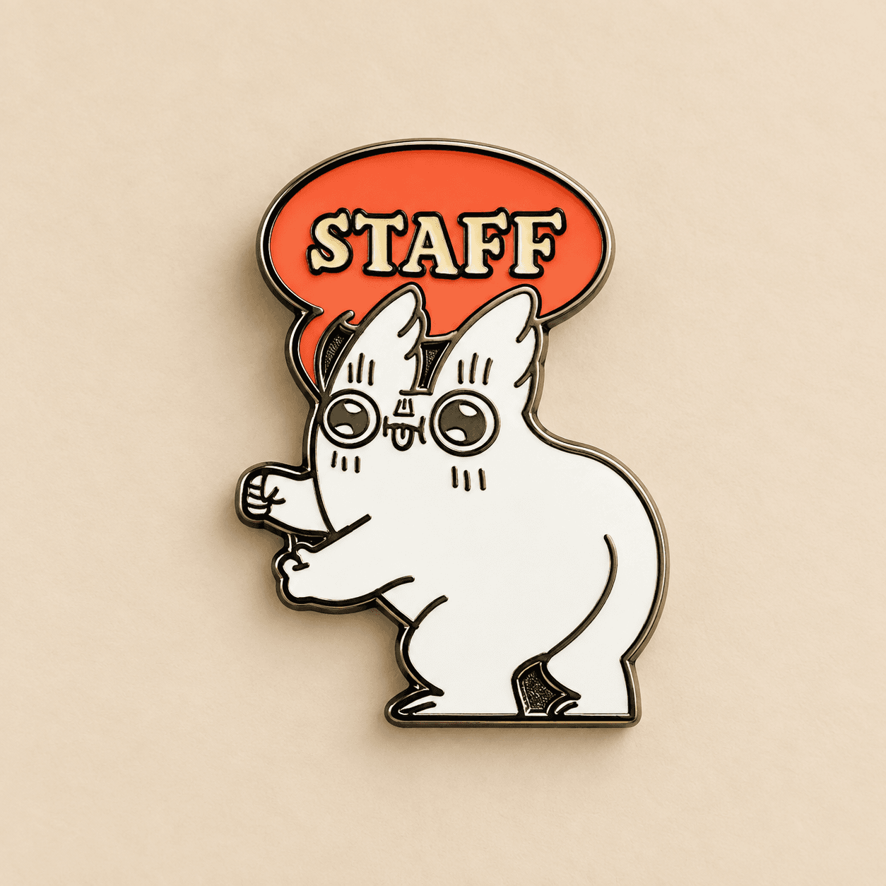 Hard enamel badge with a white illustrated character