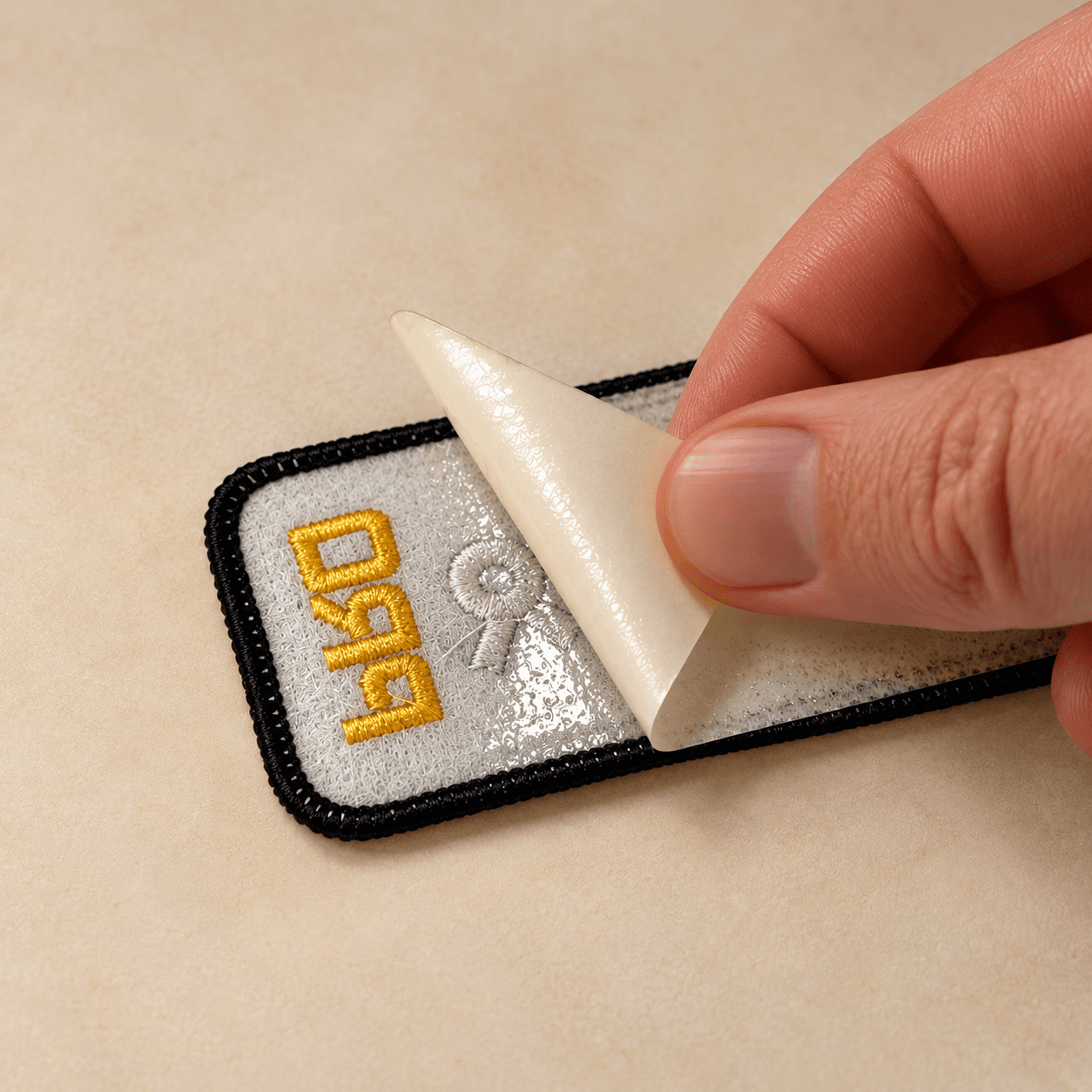 Adhesive liner being peeled from an embroidered patch