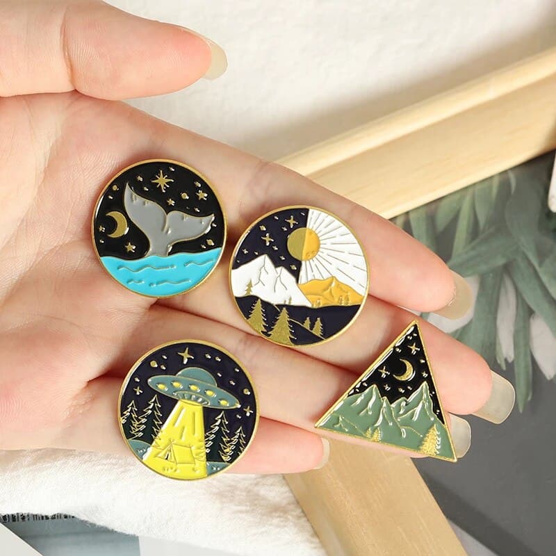 Soft enamel pin badges from the live page: landscape enamel lapel pins