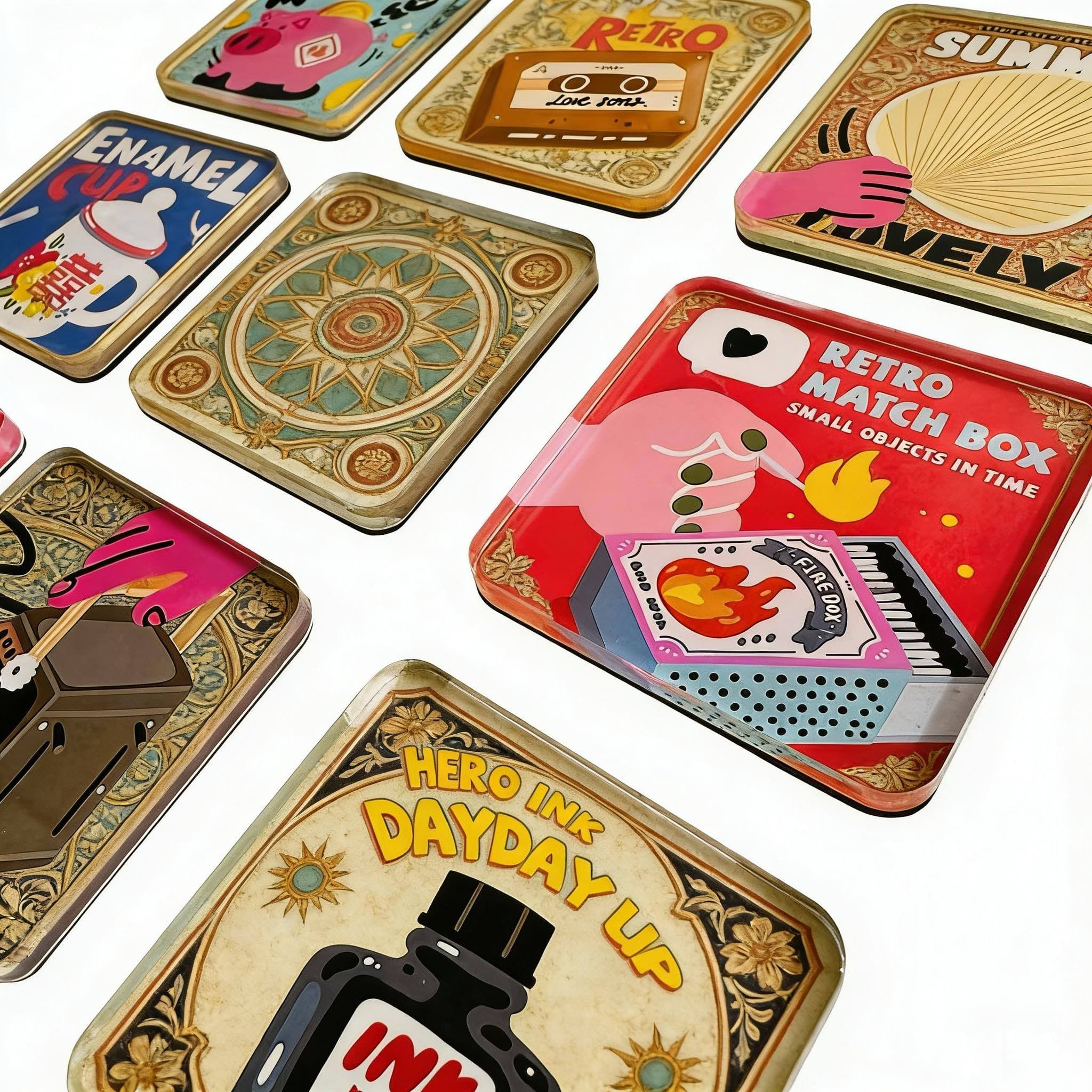 Collection of custom acrylic fridge magnets with colourful retro designs