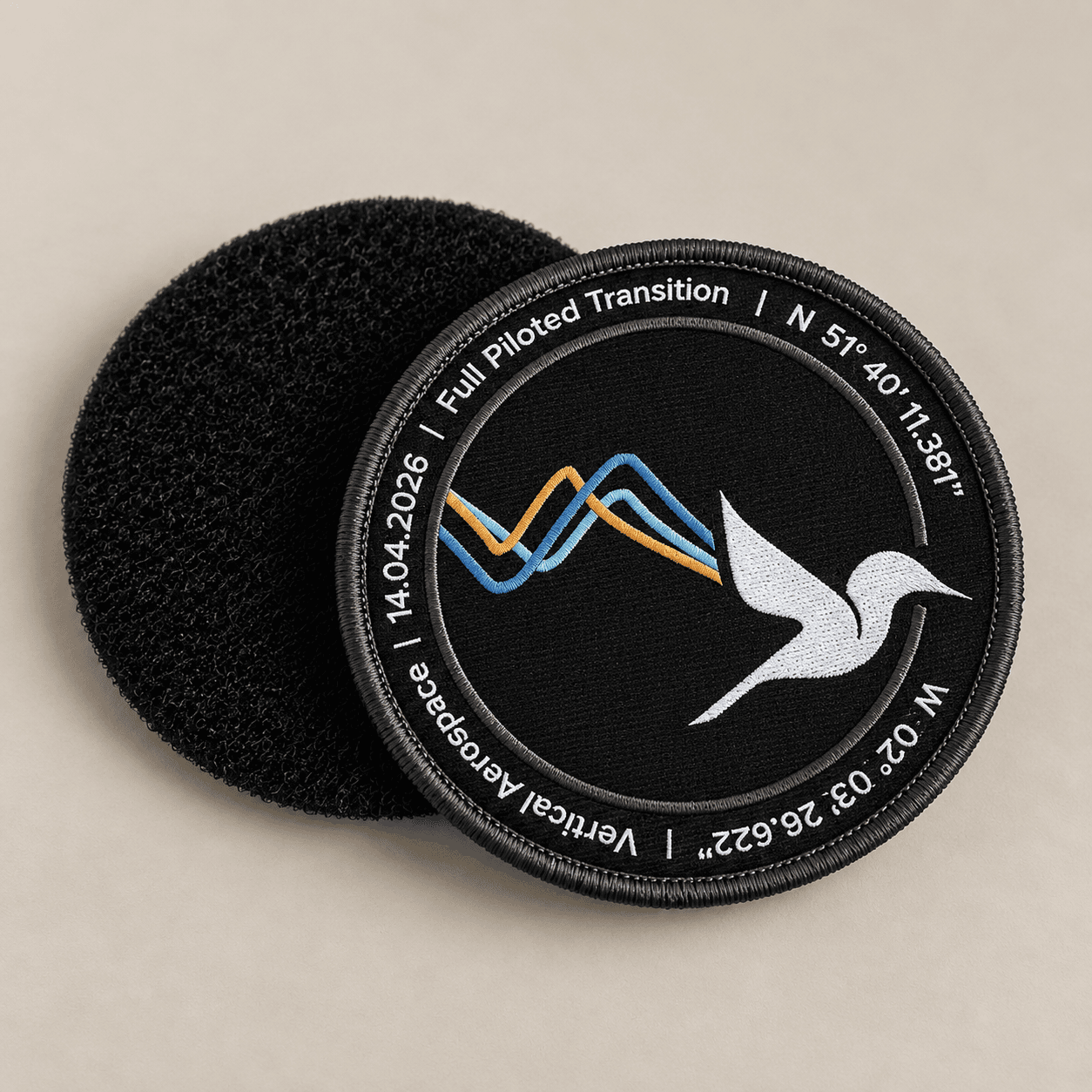 Custom woven patch with aerospace flight-test design and Velcro backing