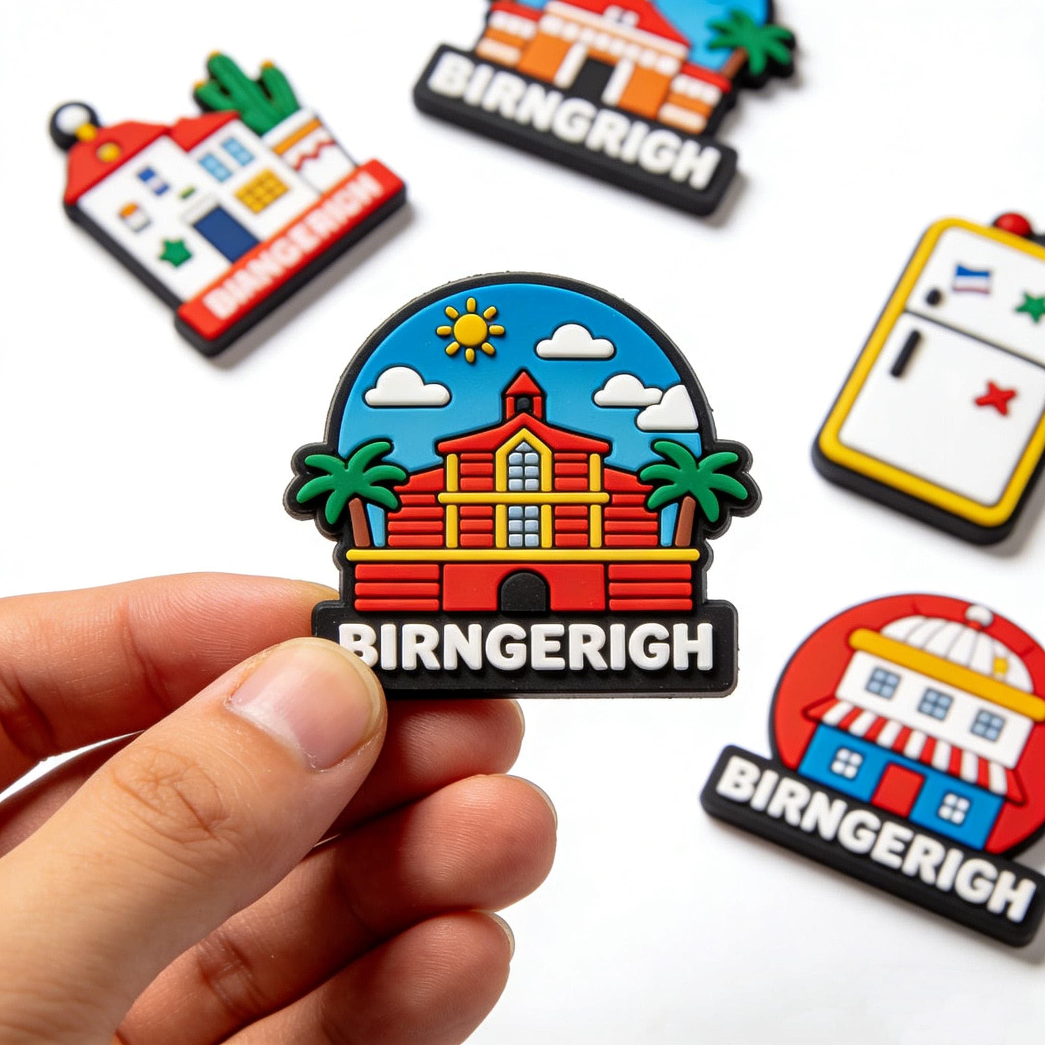 Custom town-themed PVC fridge magnets shown in hand