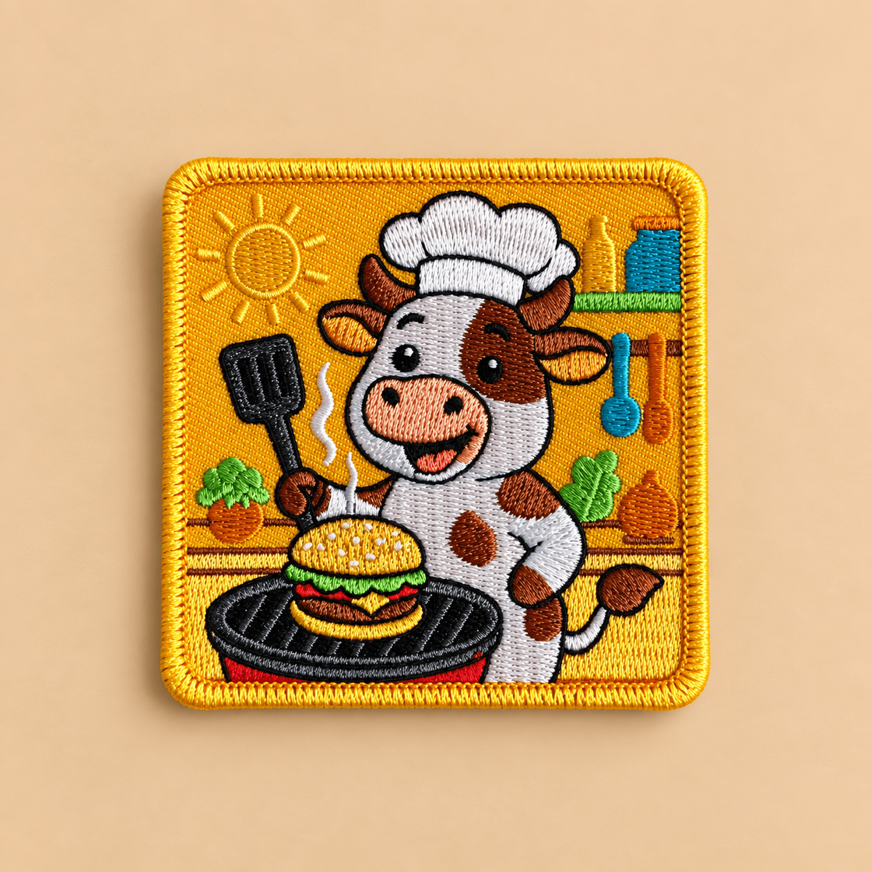Custom embroidered patch: chef cow design