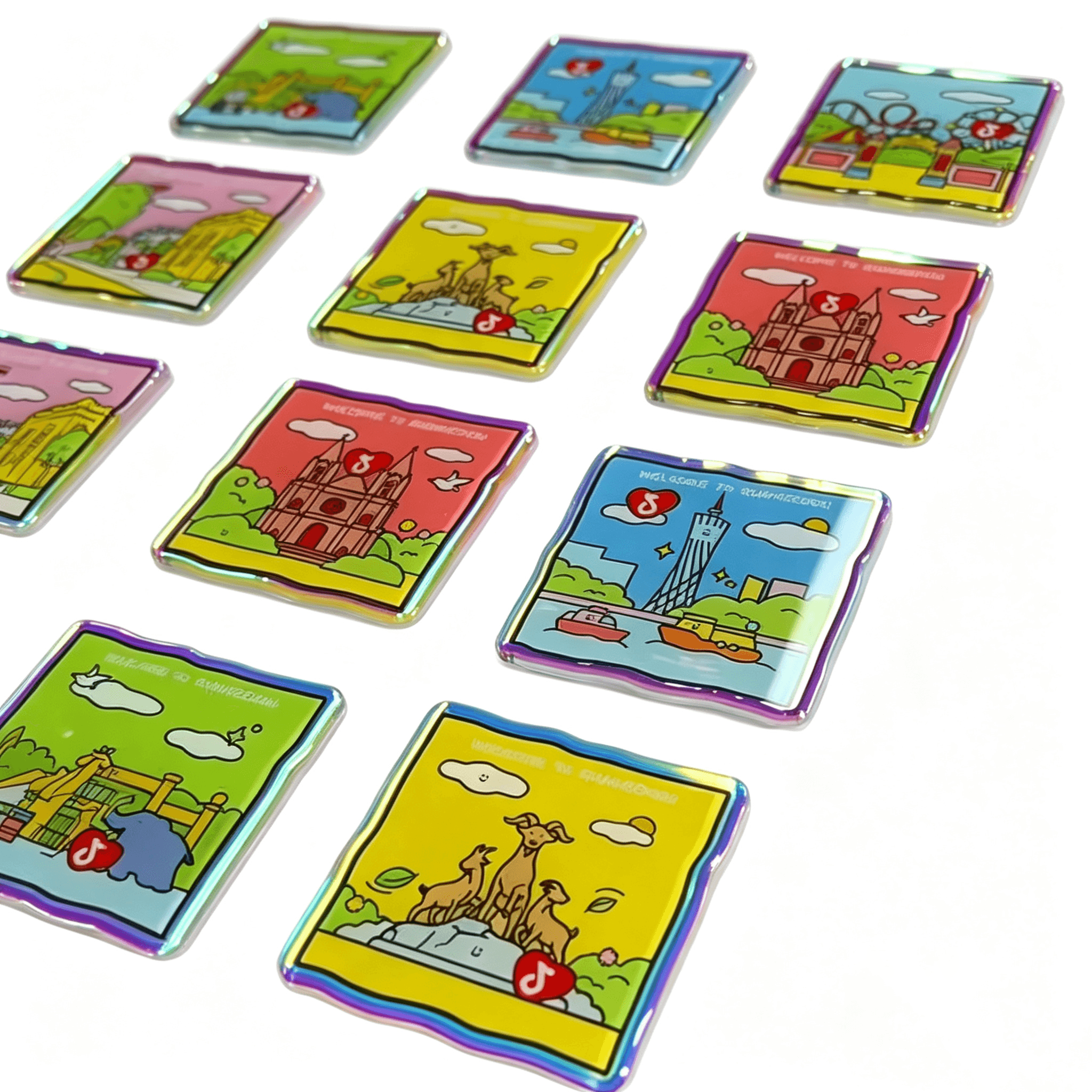 Collection of colourful city-scene acrylic fridge magnets