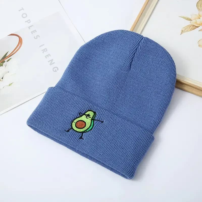 Custom blue beanie with embroidered avocado