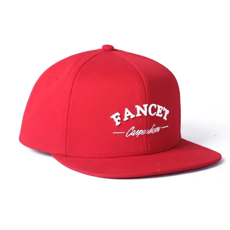 Custom embroidered red snapback with white logo