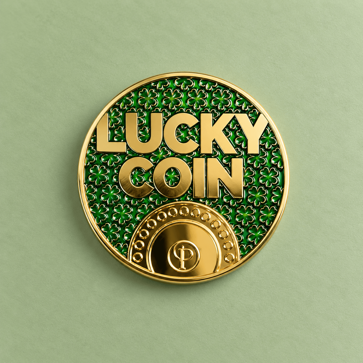 Green enamel lucky coin with a raised gold-toned edge