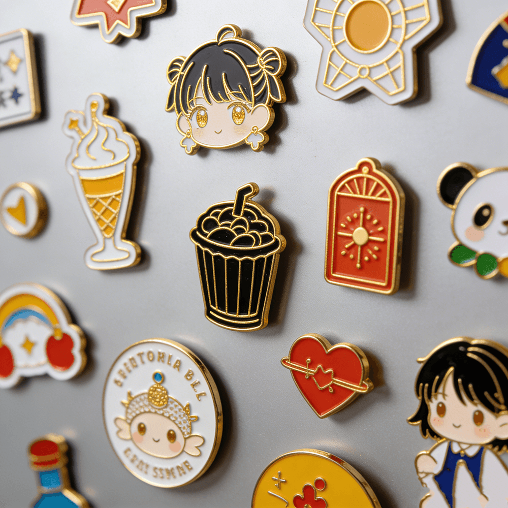 Collection of custom enamel fridge magnets with character and food designs