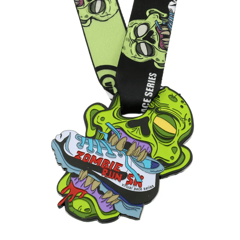 Custom shaped enamel medal with printed neck ribbon