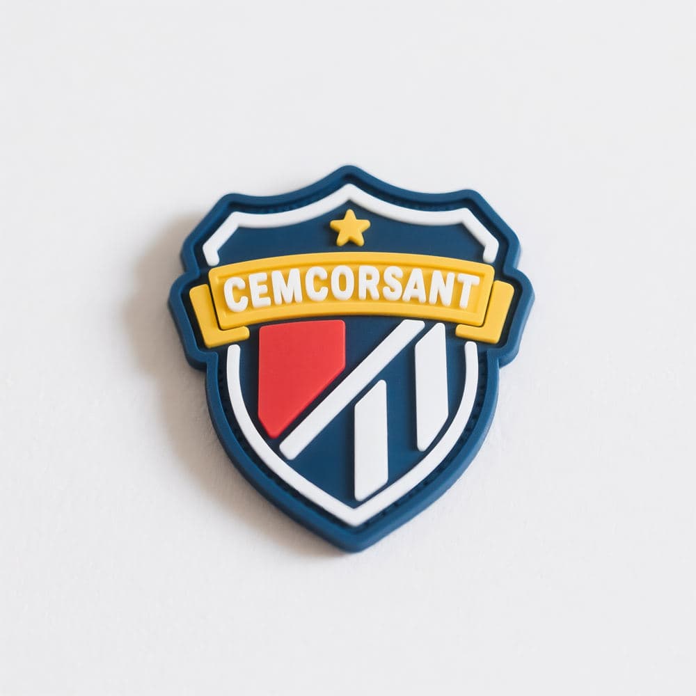 Custom PVC pin badges: blue shield emblem