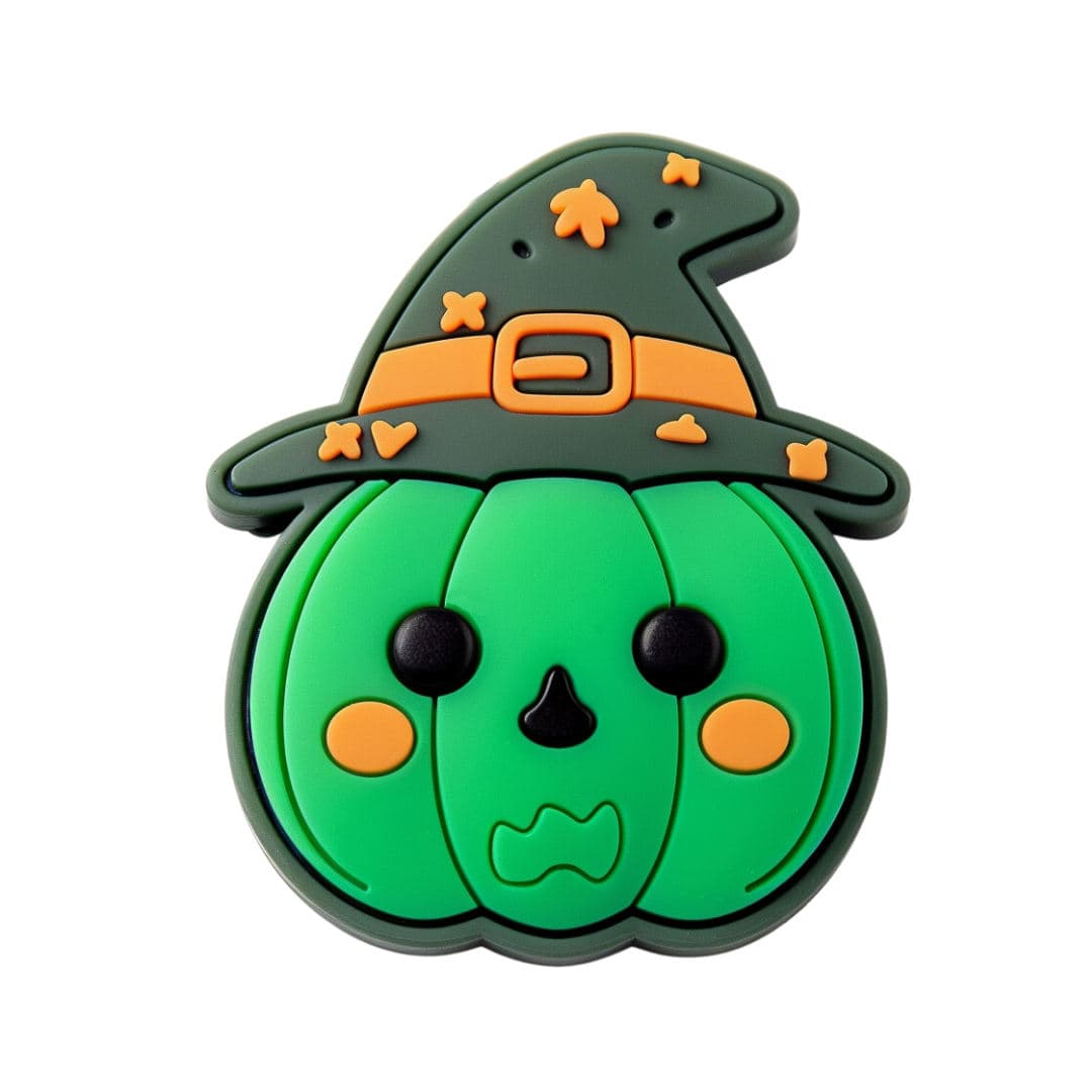 Custom PVC pin badges: green pumpkin witch hat