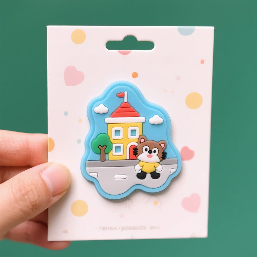 Custom PVC pin badges: pastel house badge on backing card
