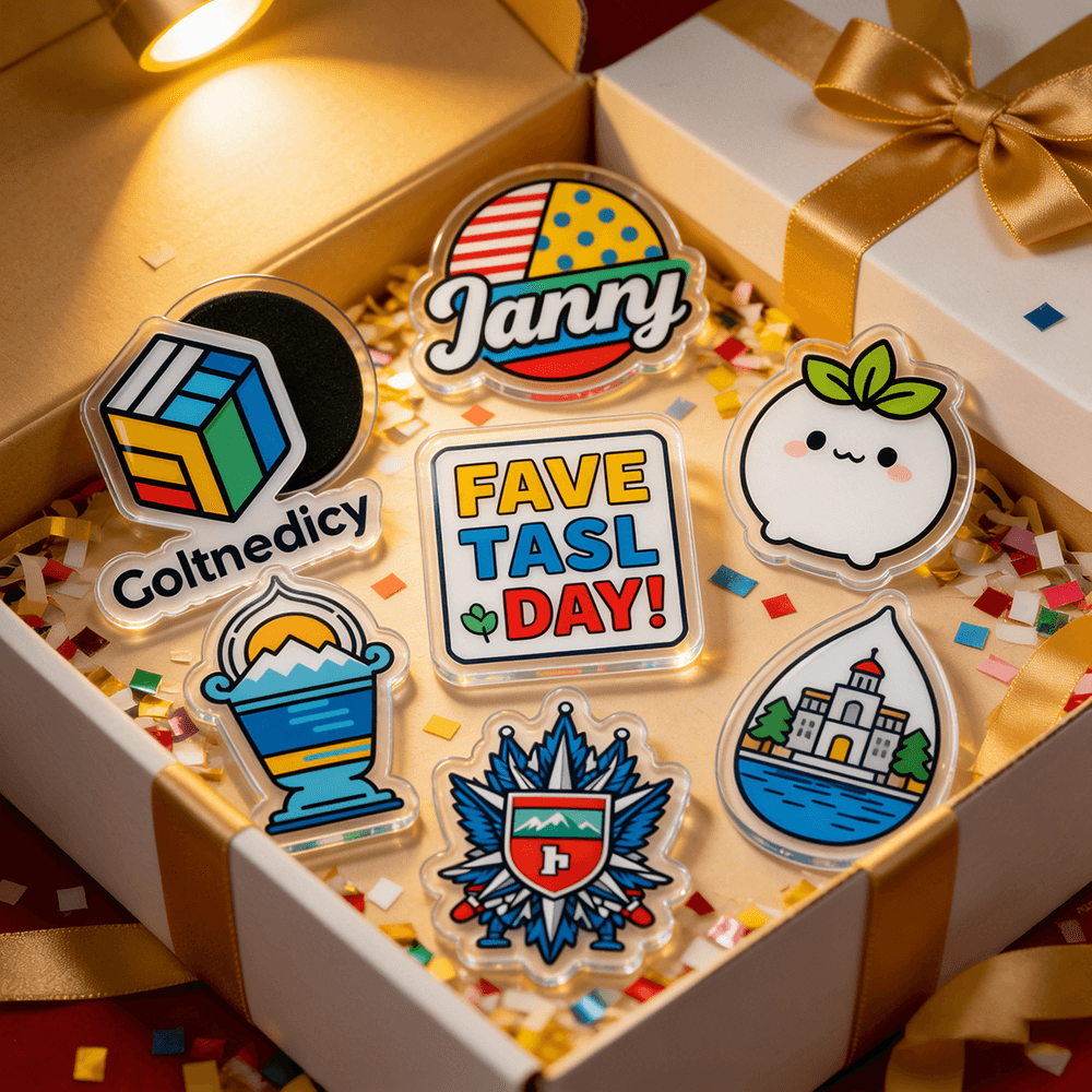 Collection of custom acrylic fridge magnets presented in a gift box