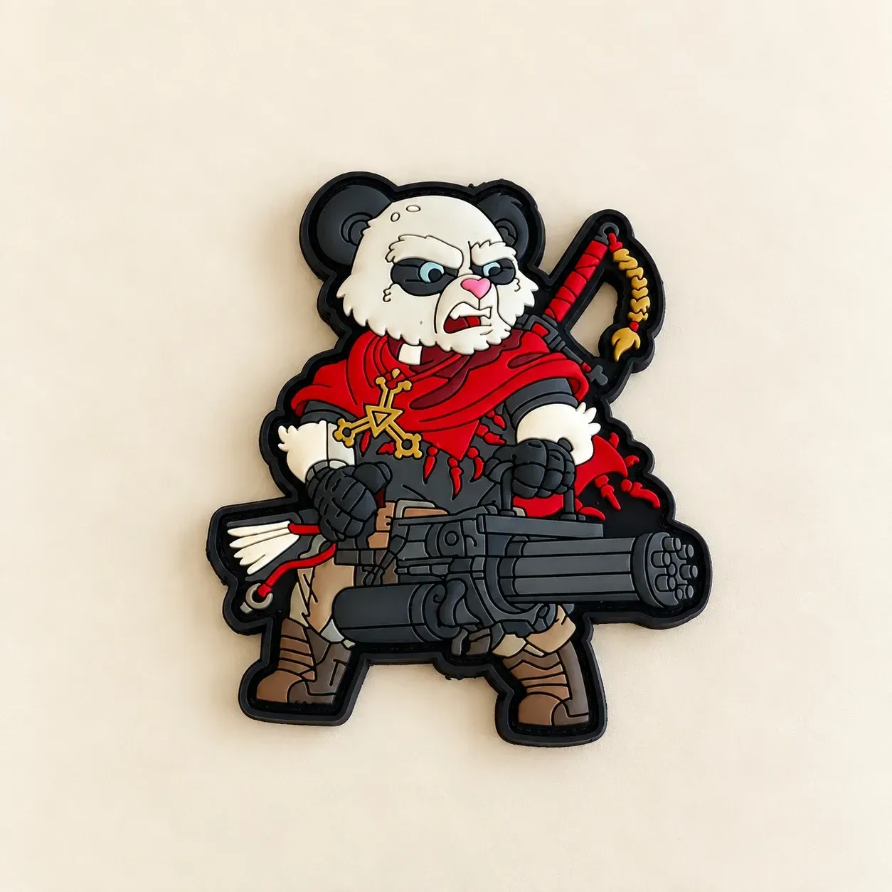 Custom-shaped PVC panda character patch with distinct moulded colour areas