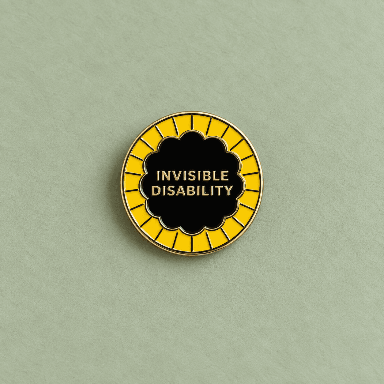 Invisible Disability enamel badge with yellow rim