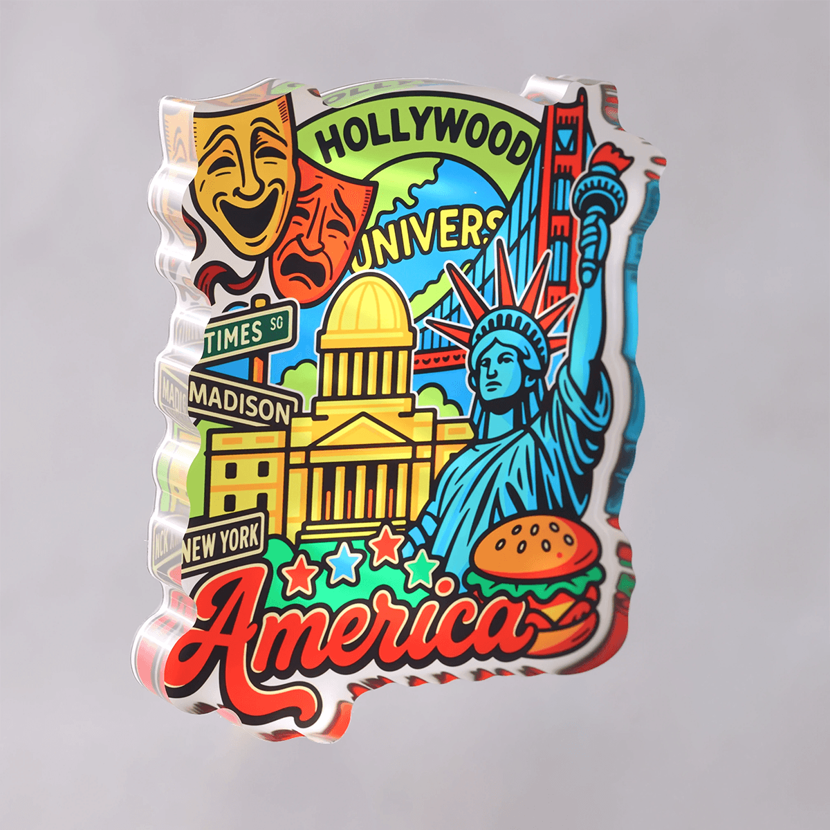 Custom shaped acrylic fridge magnet with Hollywood and New York artwork