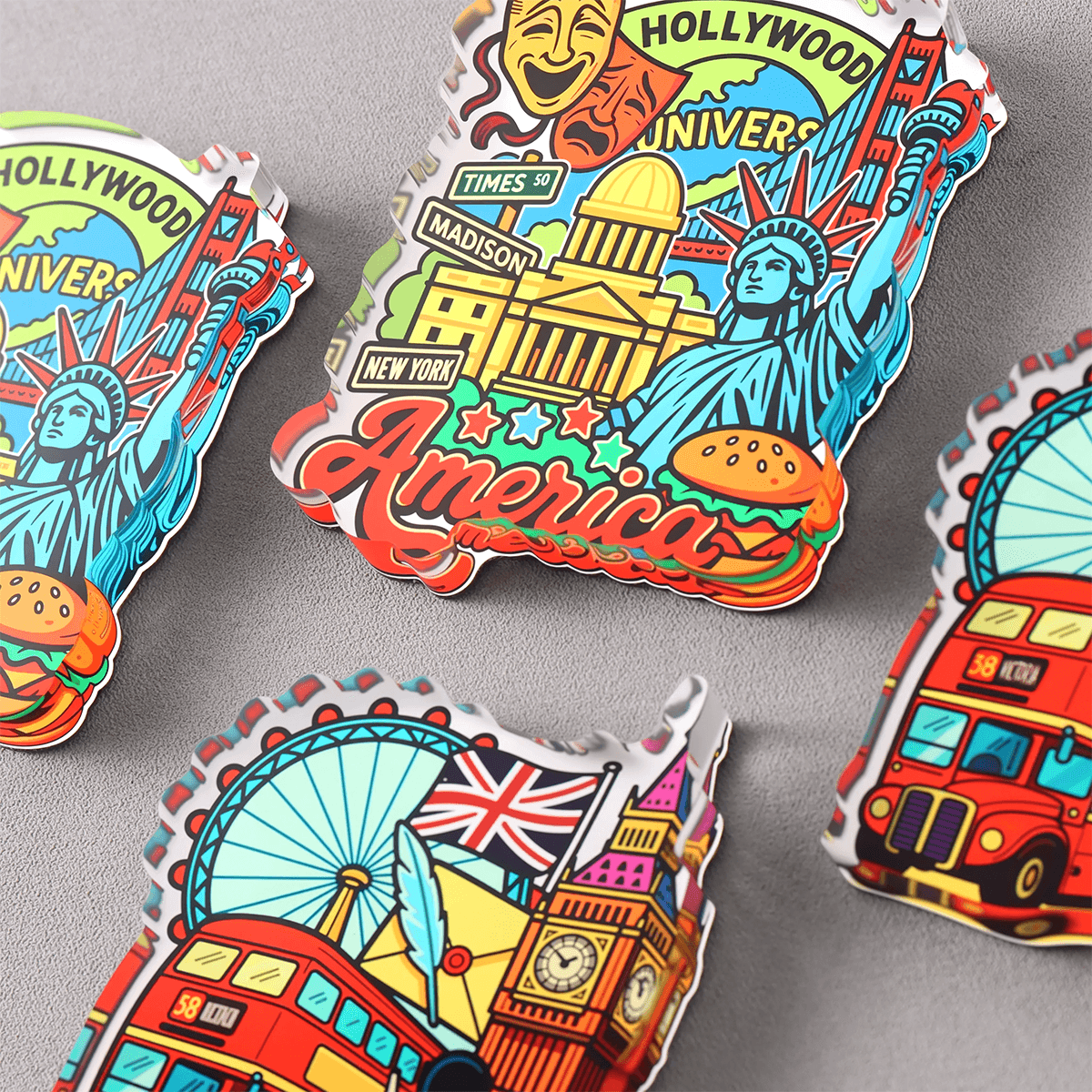 Collection of custom acrylic fridge magnets with city and travel artwork