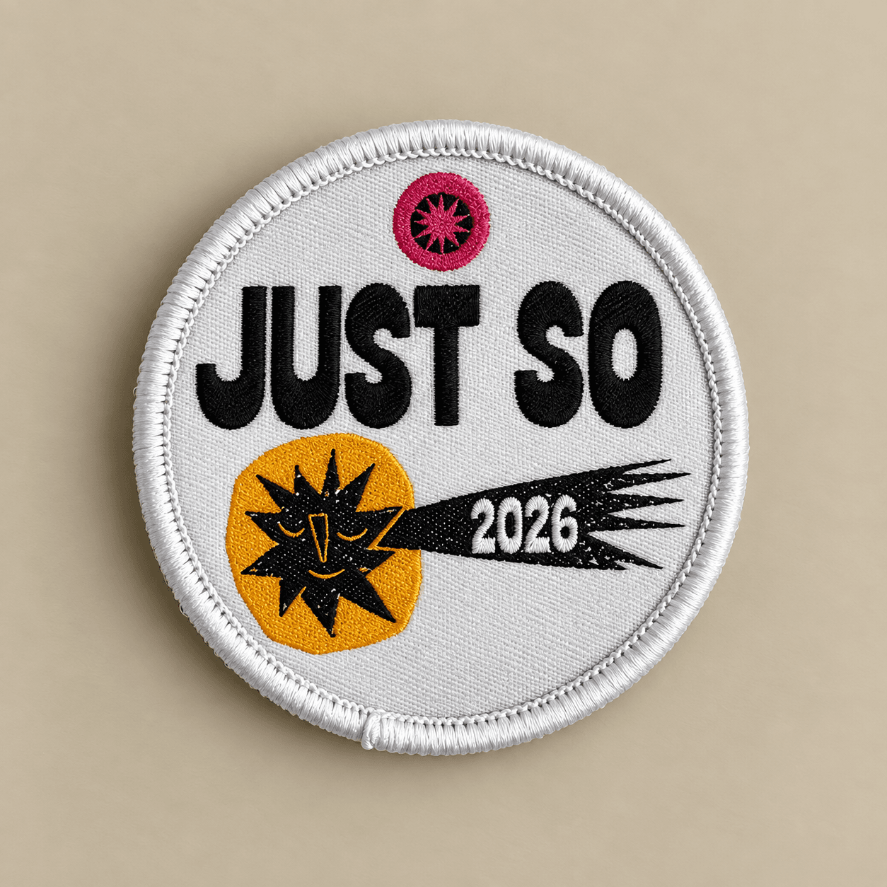 Custom woven patch with Just So 2026 design