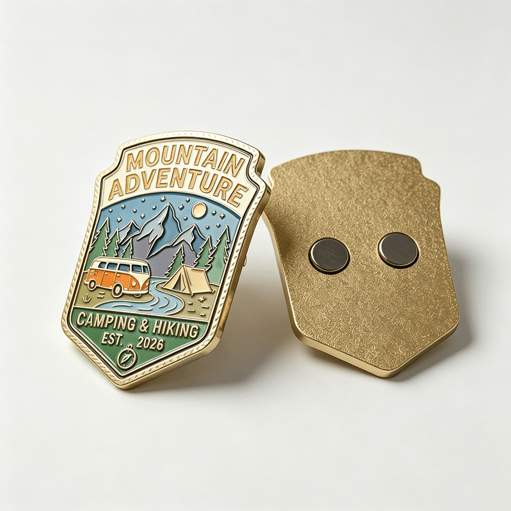 Mountain adventure enamel fridge magnet shown with its magnetic backing