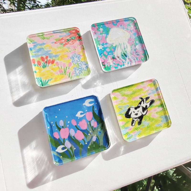 Collection of colourful hand-painted style acrylic fridge magnets