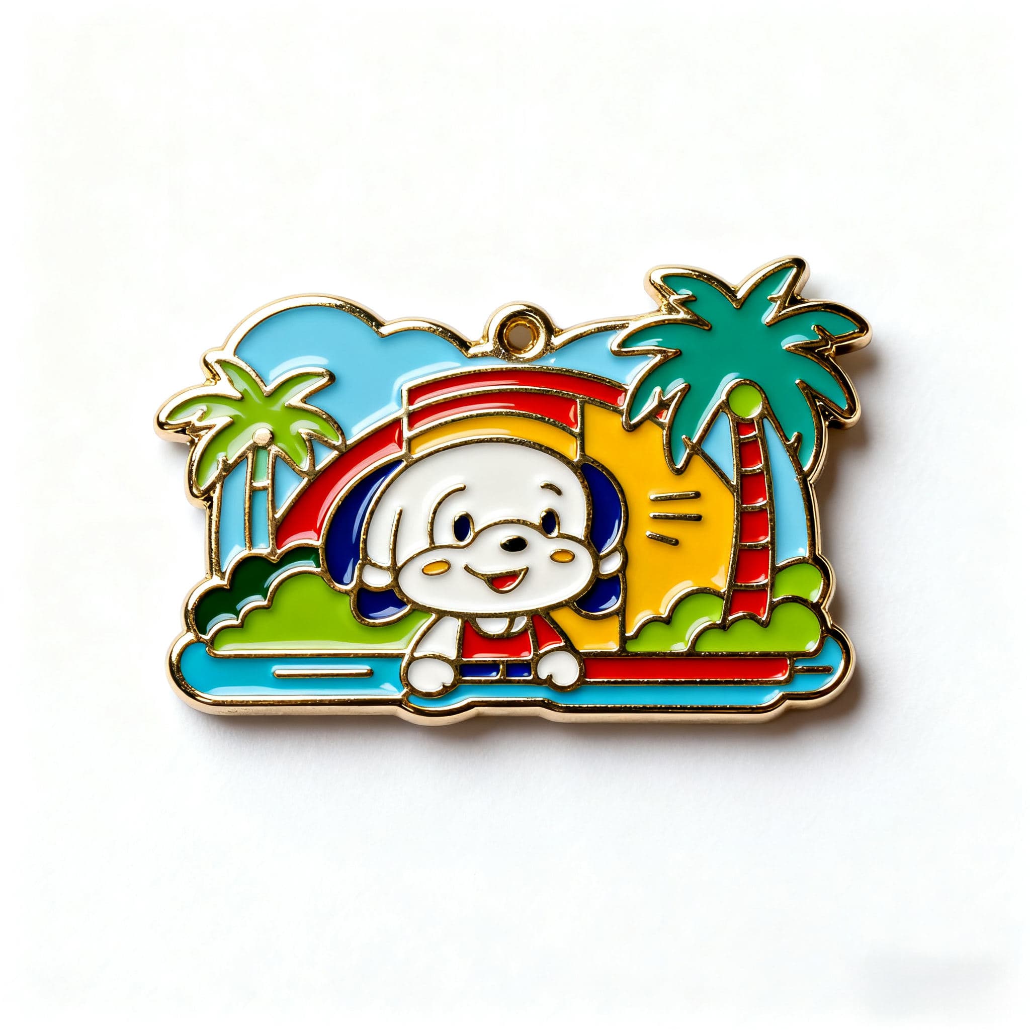 Colourful dog-shaped enamel fridge magnet with a rainbow and palm trees