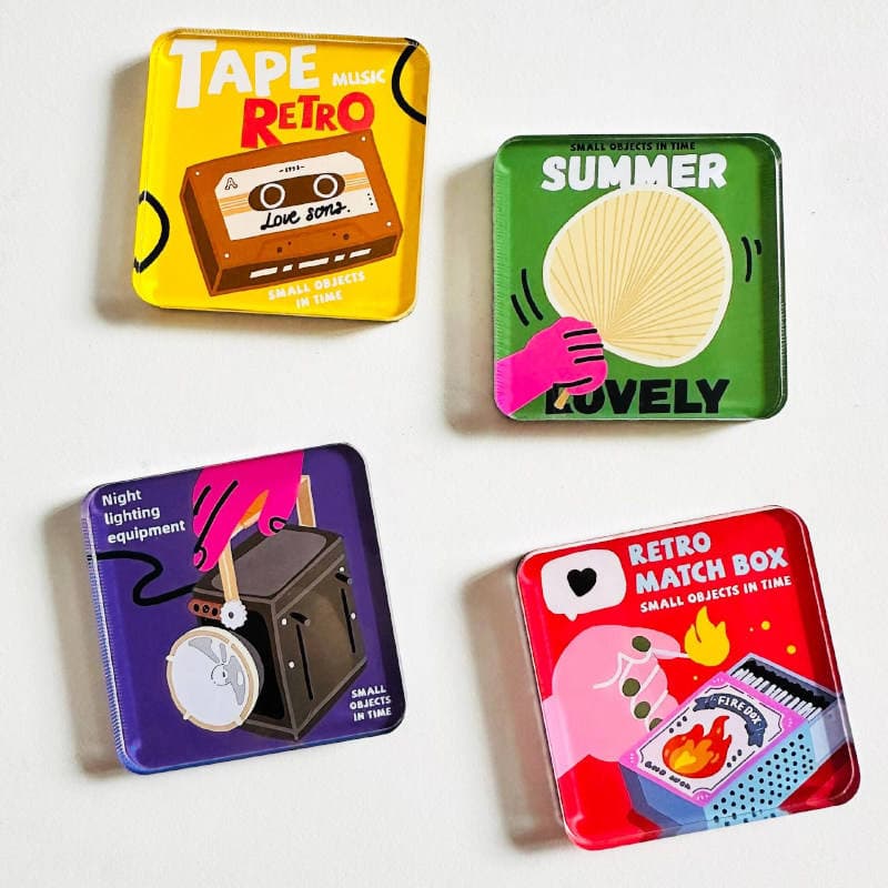 Collection of colourful retro square acrylic fridge magnets