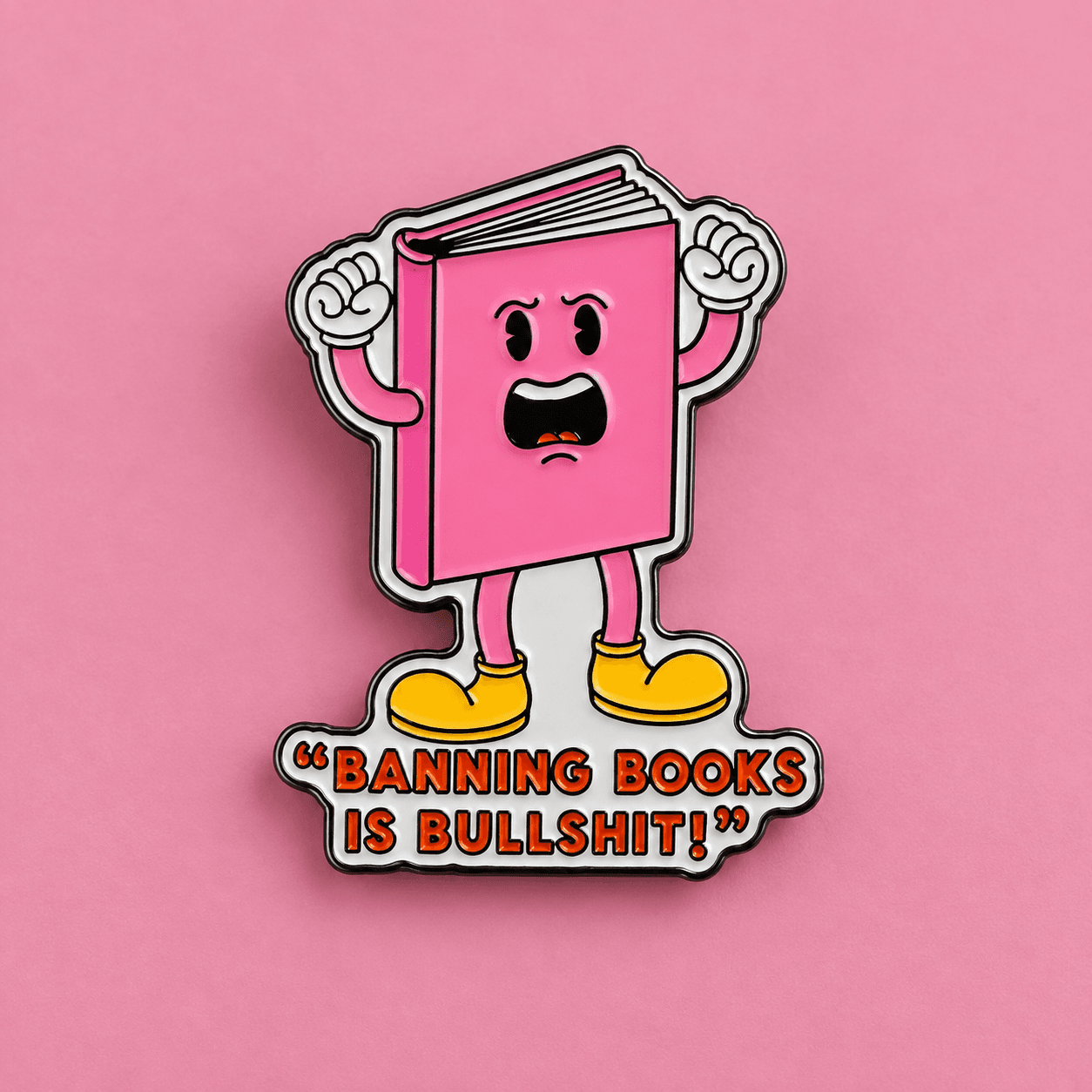 Pink rectangular cartoon book badge with orange lettering on a pink background