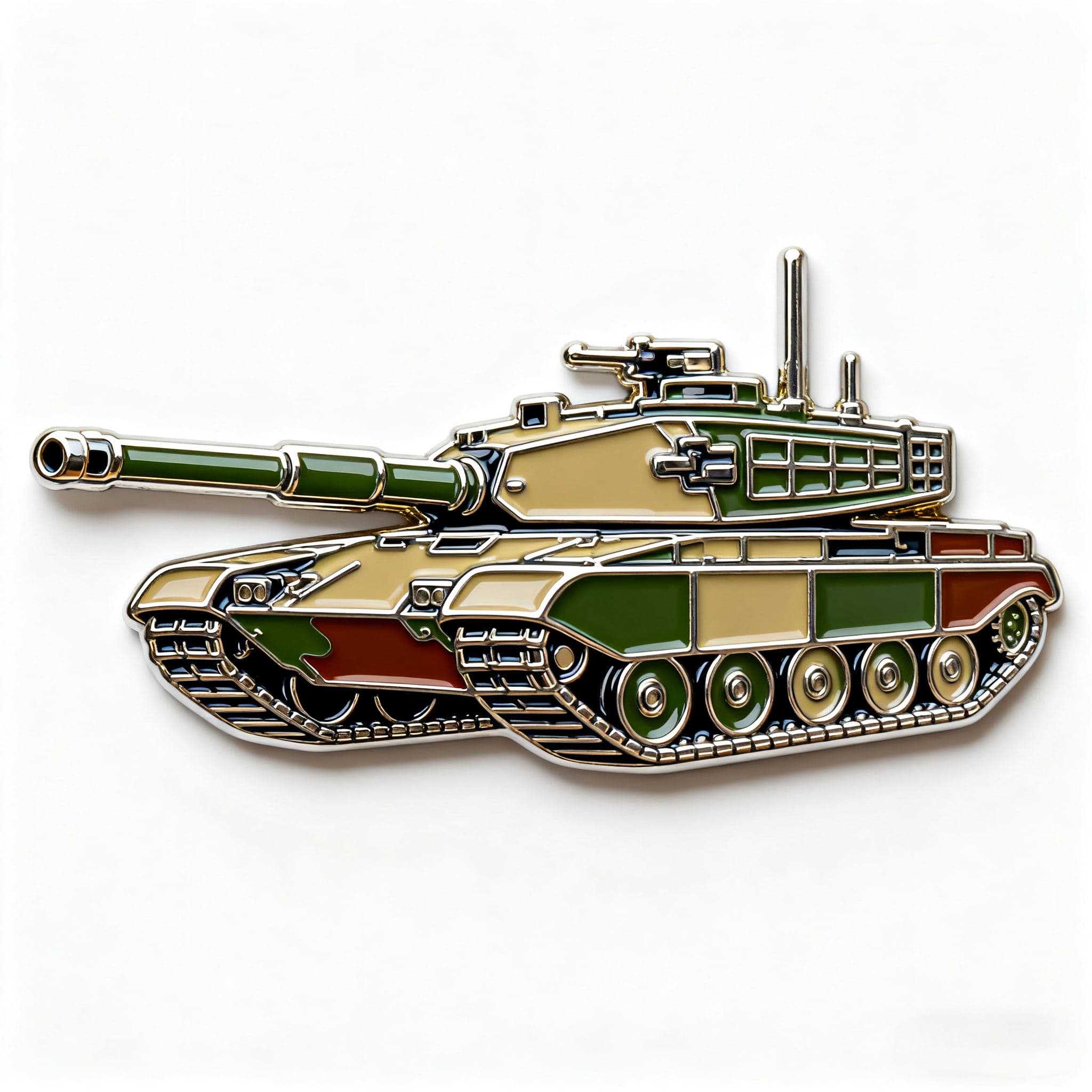 Custom tank-shaped enamel fridge magnet with green and red artwork