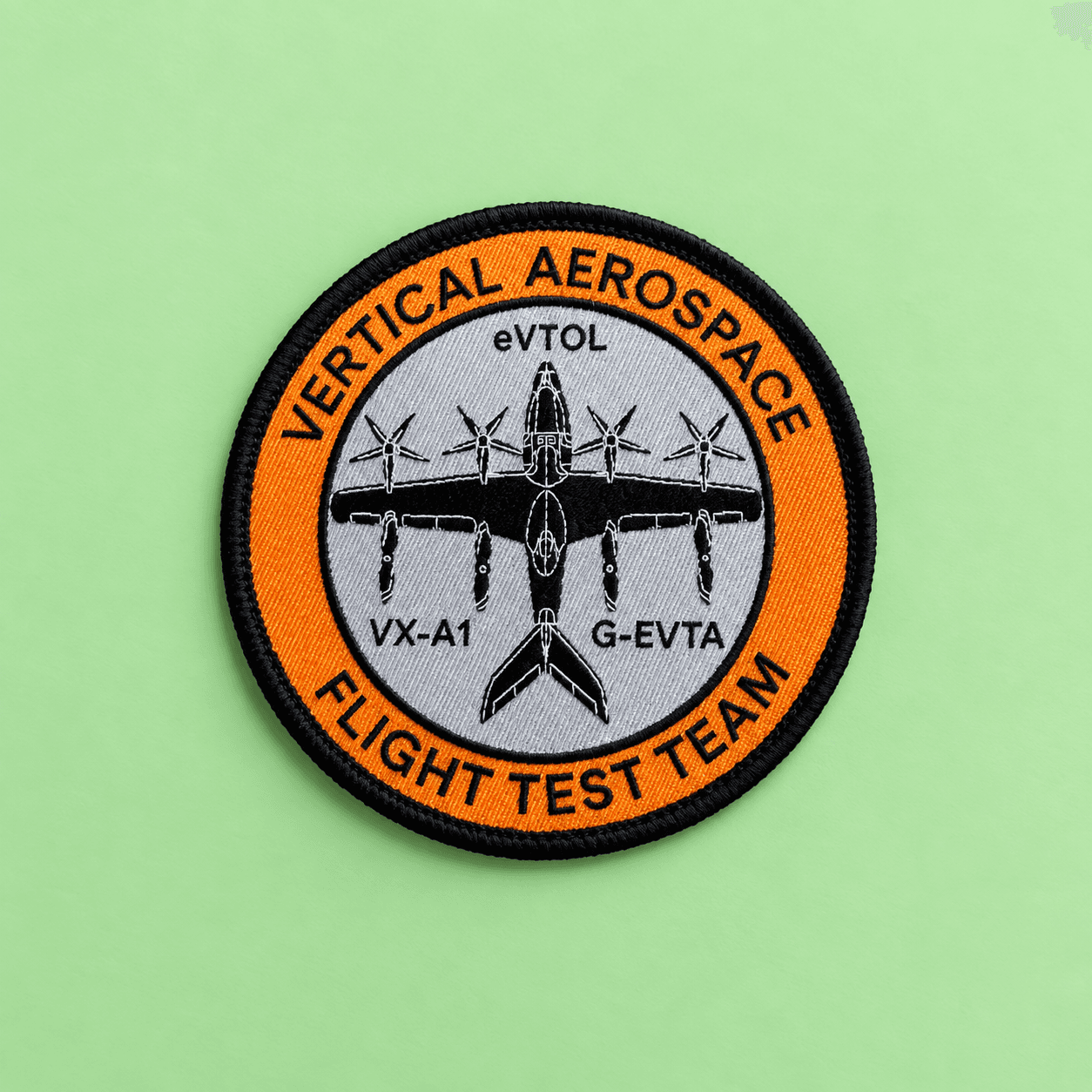 Custom embroidered patch: vertical aerospace flight test team design