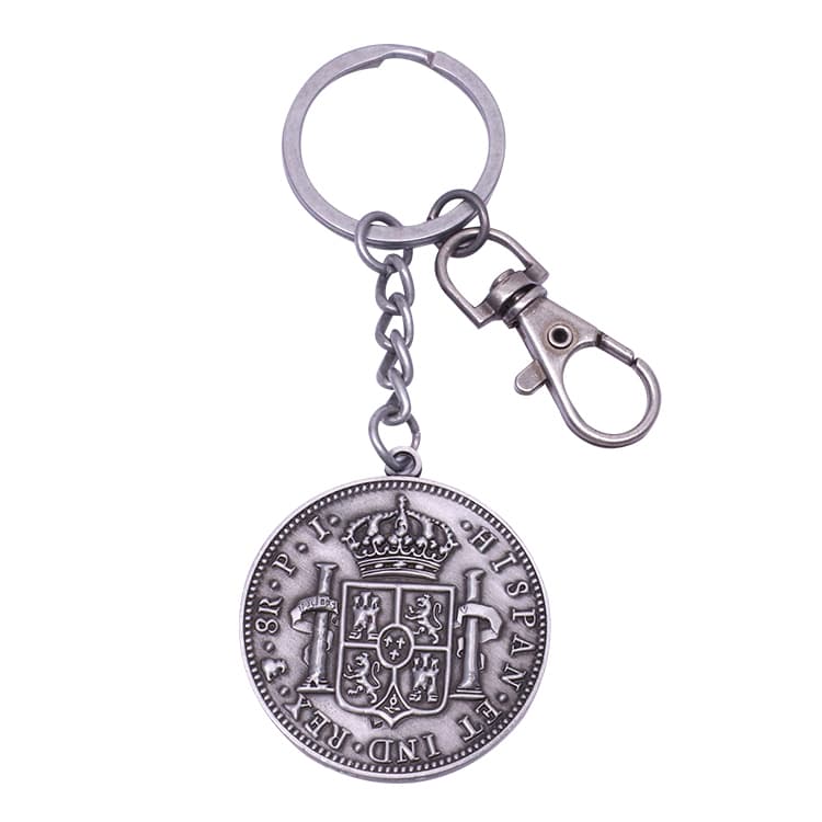Die-struck keyrings from the live page: weathered metal keychain