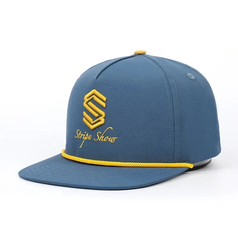 Blue snapback with yellow custom embroidered logo