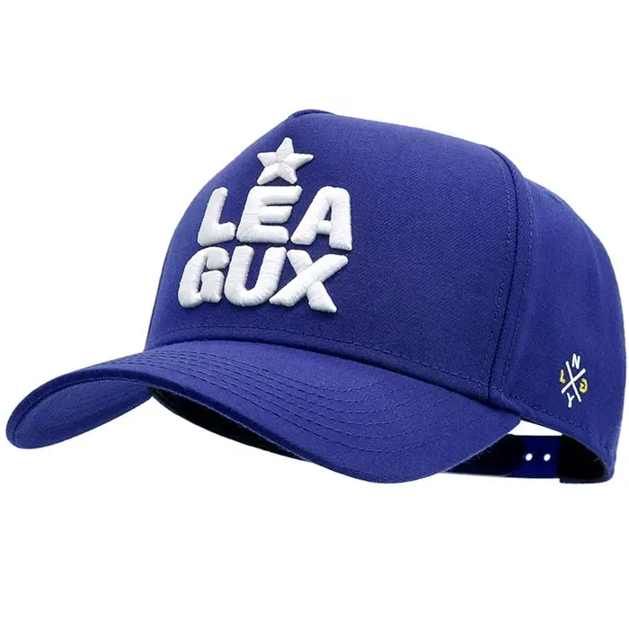 blue baseball hat with embroidered letter logo