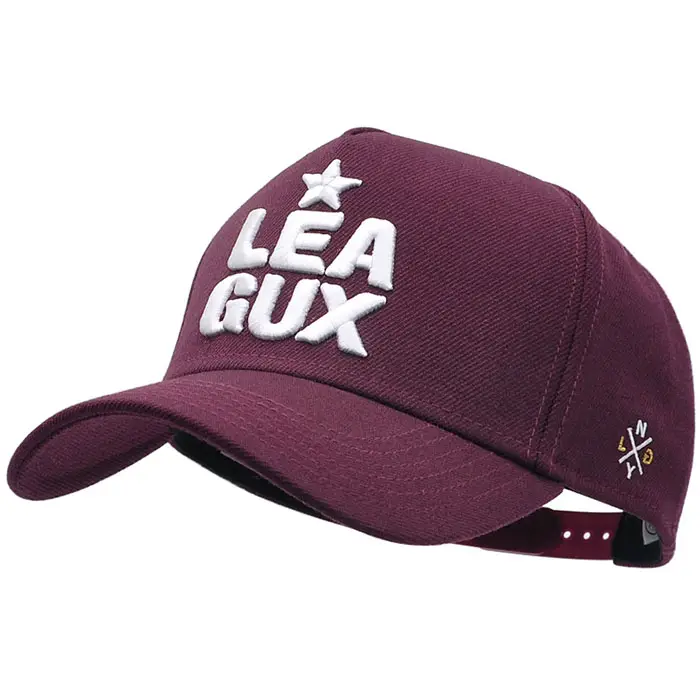 maroon baseball hat with embroidered letter logo