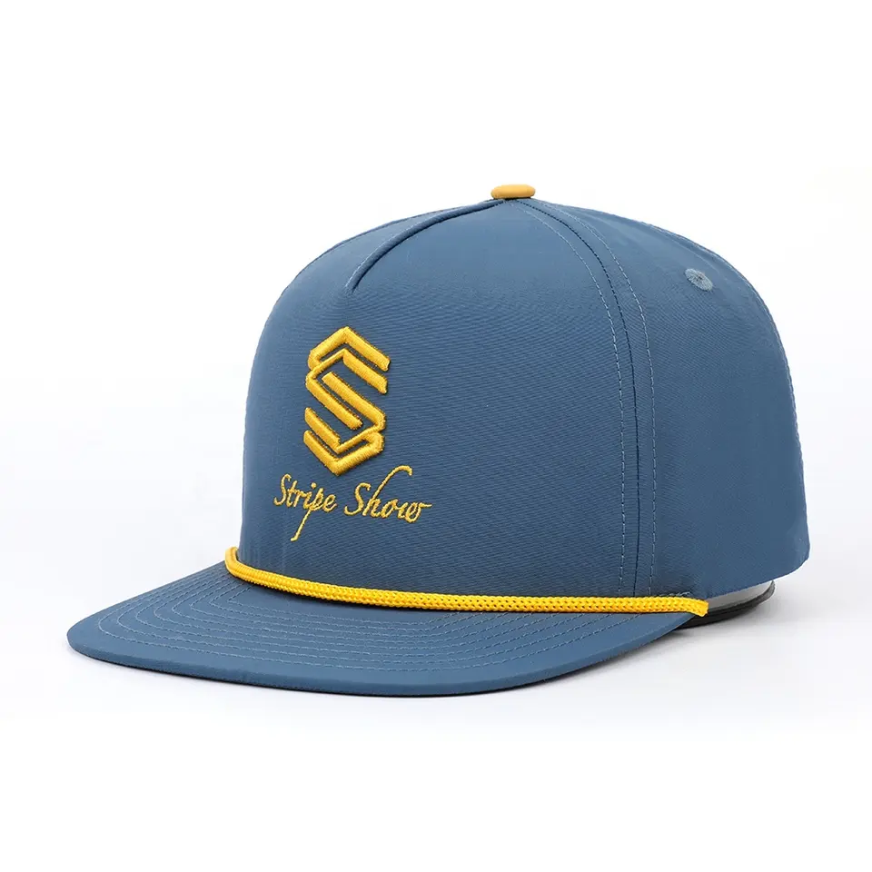 blue snapback with yellow custom embroidered logo